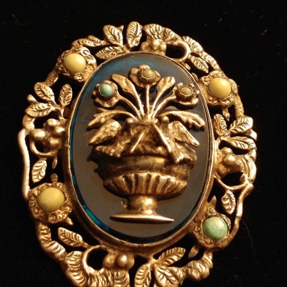 Vintage Early Mexico Silver Floral Planter Brooch Doves Turquoise